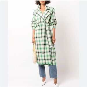 Tanya Taylor Annabelle plaid Linen Cotton Blend Long Trench pockets belt NWOT